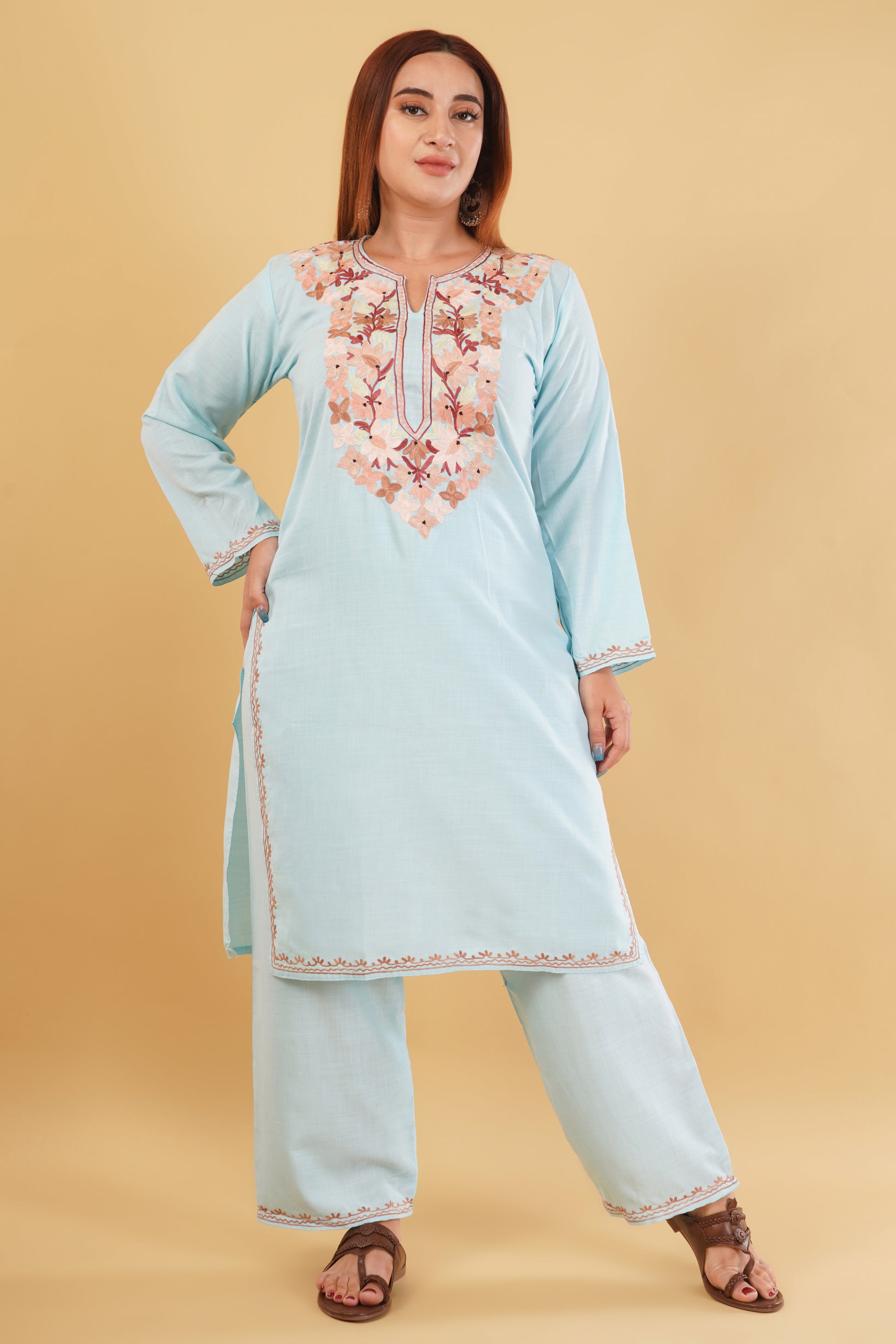 Kashmiri Aari embroidery Cotton Co-ord set Size-42(Sky Blue)