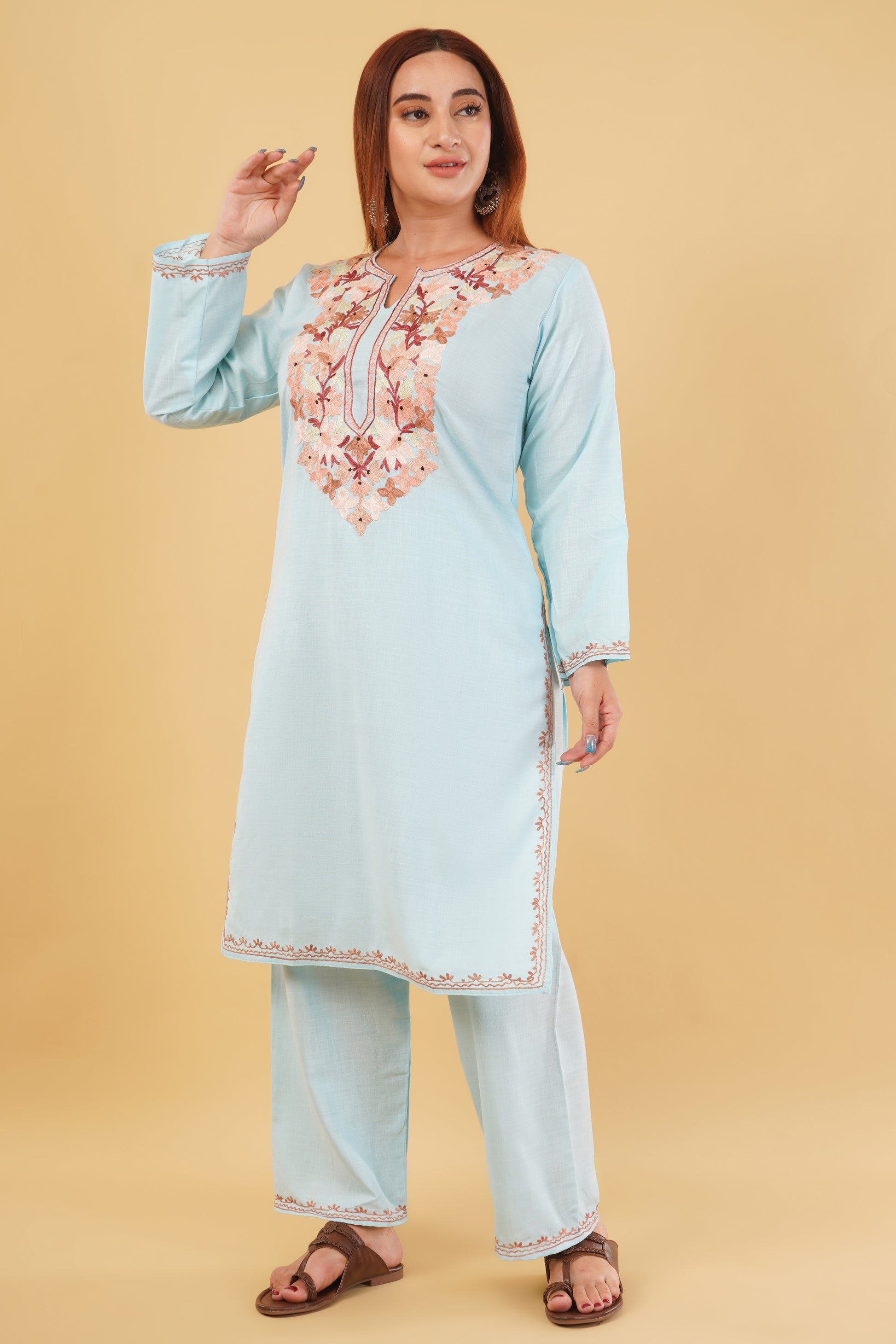 Kashmiri Aari embroidery Cotton Co-ord set Size-42(Sky Blue)