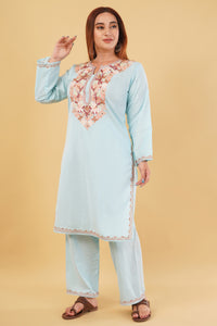 Kashmiri Aari embroidery Cotton Co-ord set Size-42(Sky Blue)