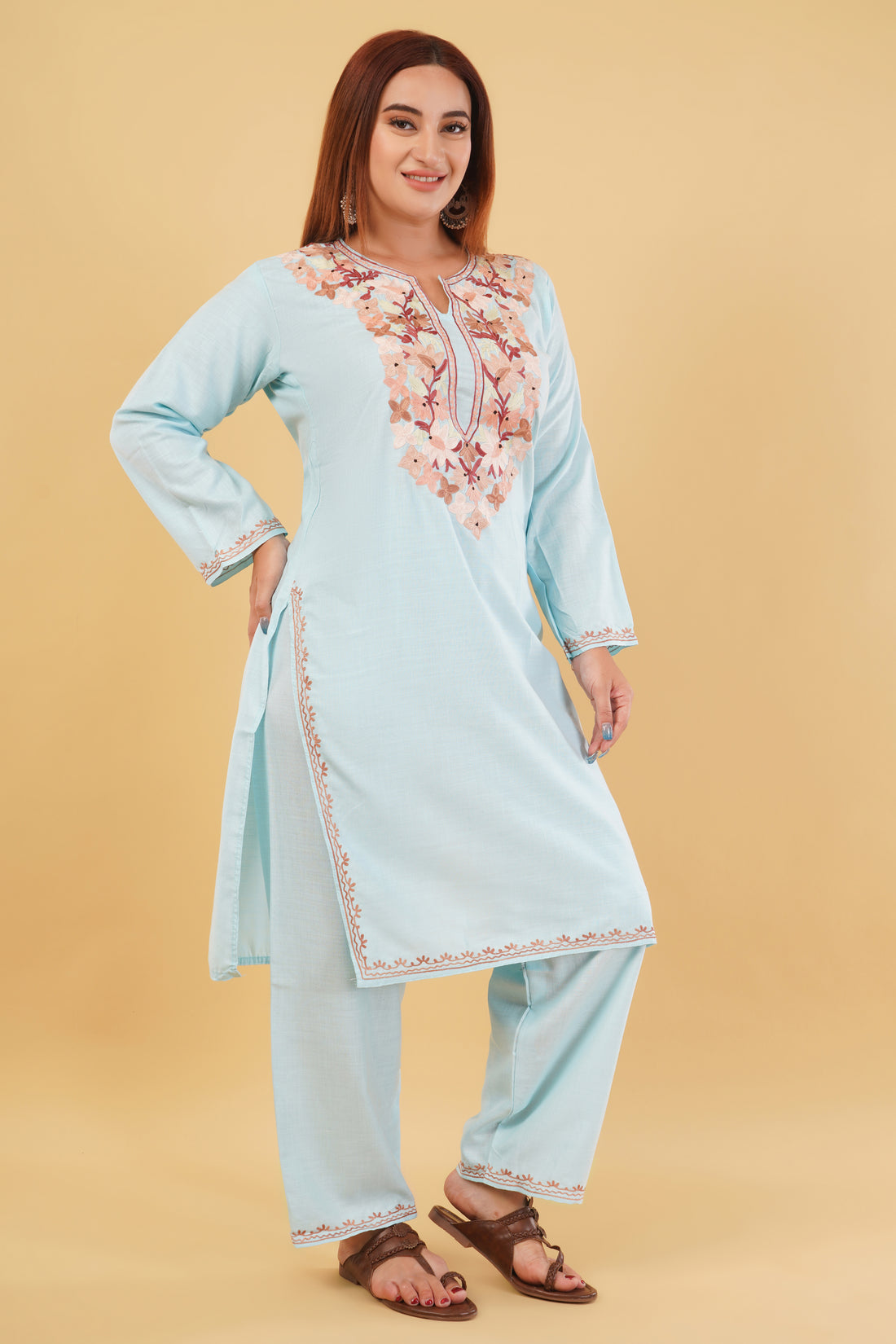 Kashmiri Aari embroidery Cotton Co-ord set Size-42(Sky Blue)