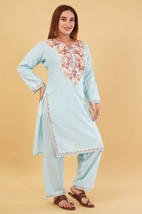 Kashmiri Aari embroidery Cotton Co-ord set Size-42(Sky Blue)