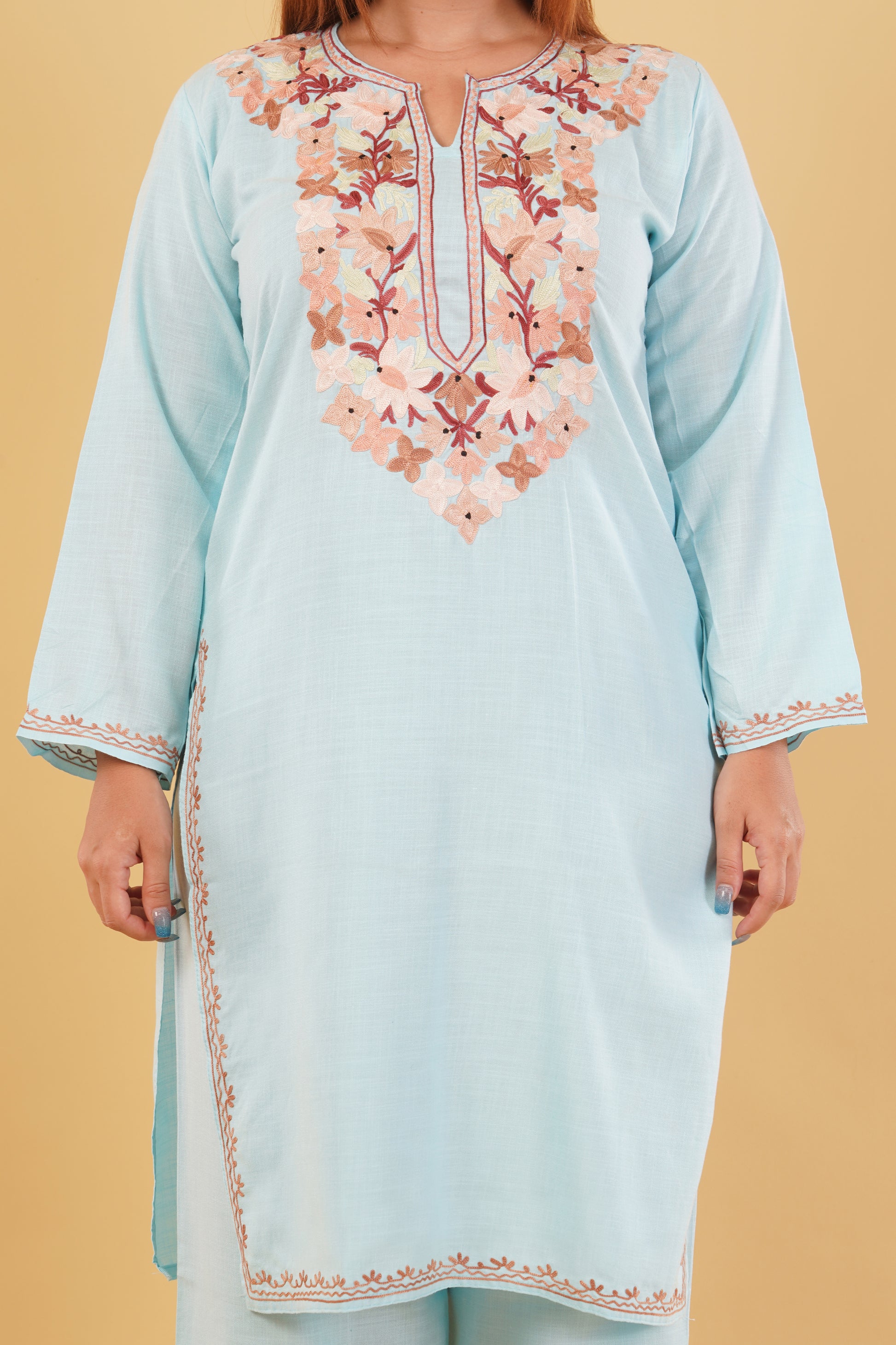 Kashmiri Aari embroidery Cotton Co-ord set Size-42(Sky Blue)
