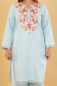 Kashmiri Aari embroidery Cotton Co-ord set Size-42(Sky Blue)