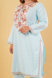 Kashmiri Aari embroidery Cotton Co-ord set Size-42(Sky Blue)