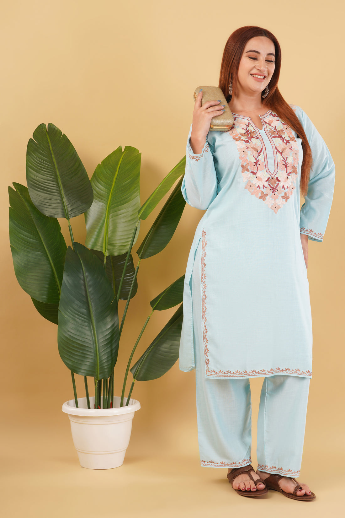 Kashmiri Aari embroidery Cotton Co-ord set Size-42(Sky Blue)