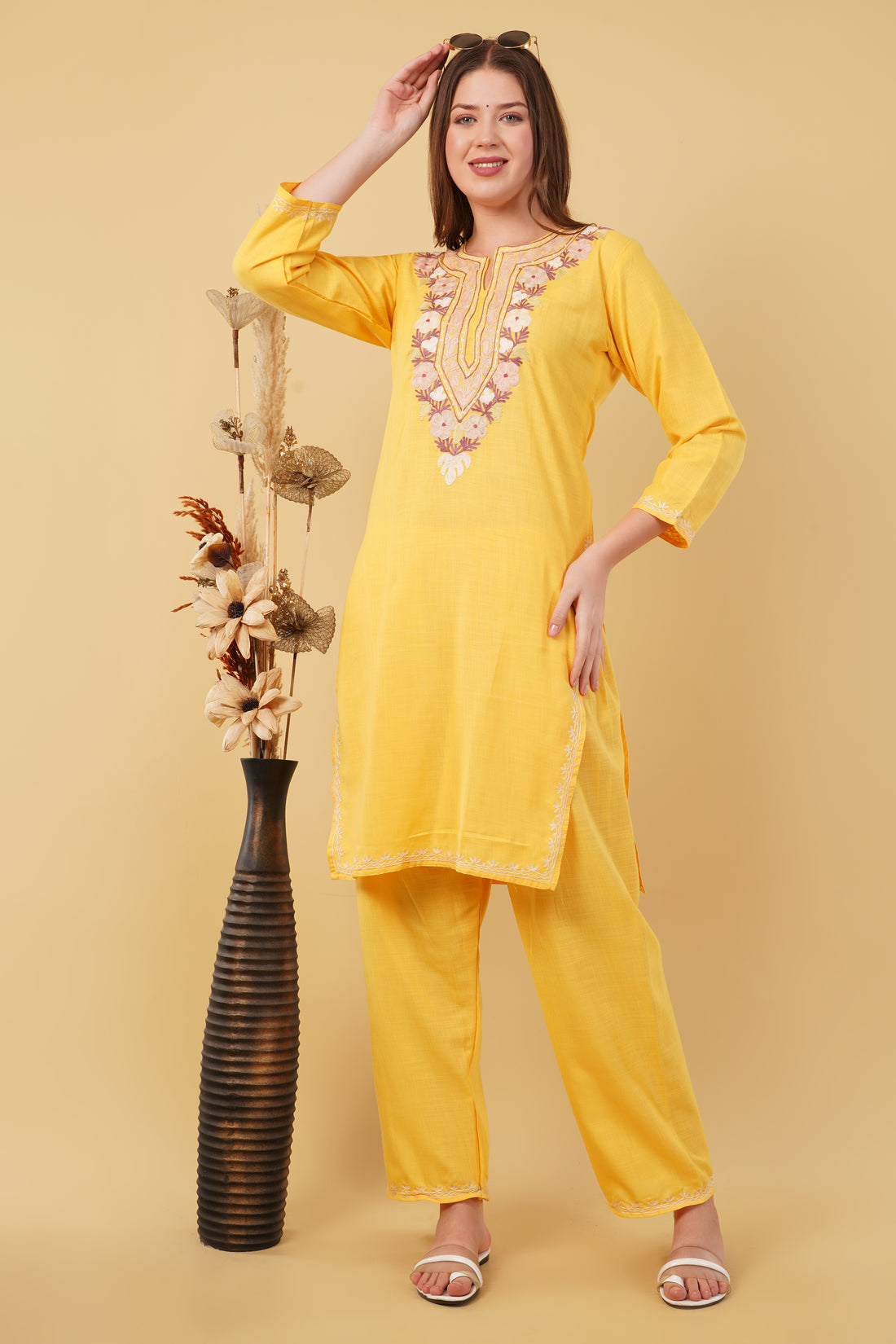 Kashmiri Aari embroidery Cotton Co-ord set Size-40 (Yellow)