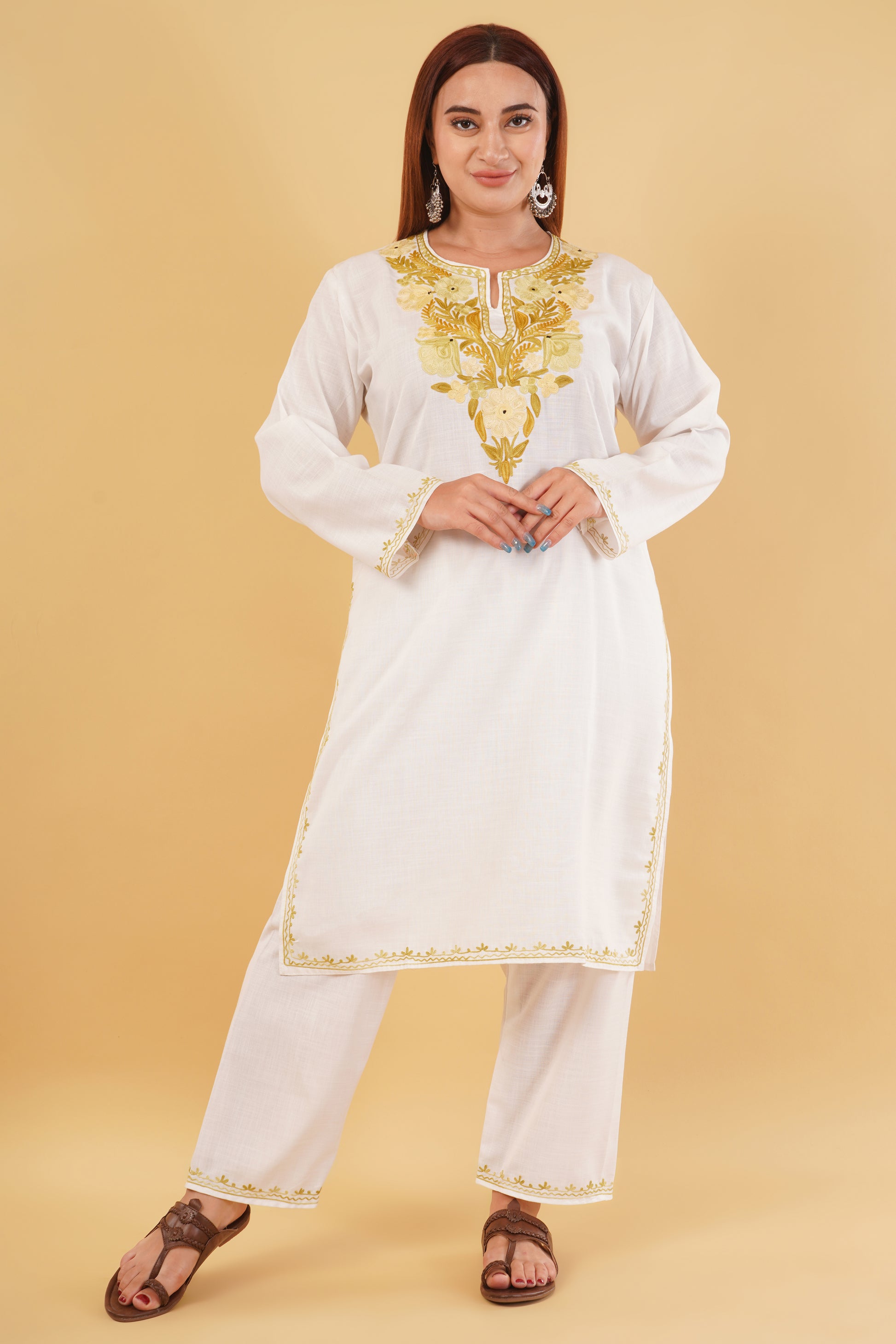 Kashmiri Aari embroidery Cotton Co-ord set Size-44 (White)
