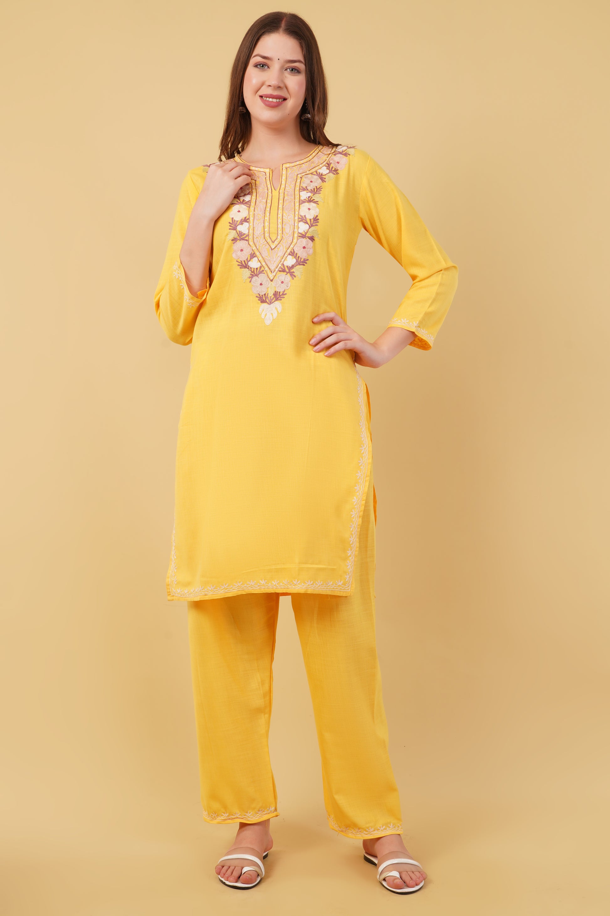 Kashmiri Aari embroidery Cotton Co-ord set Size-40 (Yellow)