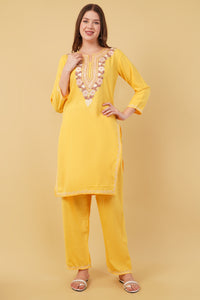 Kashmiri Aari embroidery Cotton Co-ord set Size-40 (Yellow)