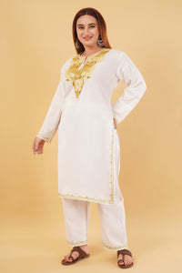 Kashmiri Aari embroidery Cotton Co-ord set Size-44 (White)