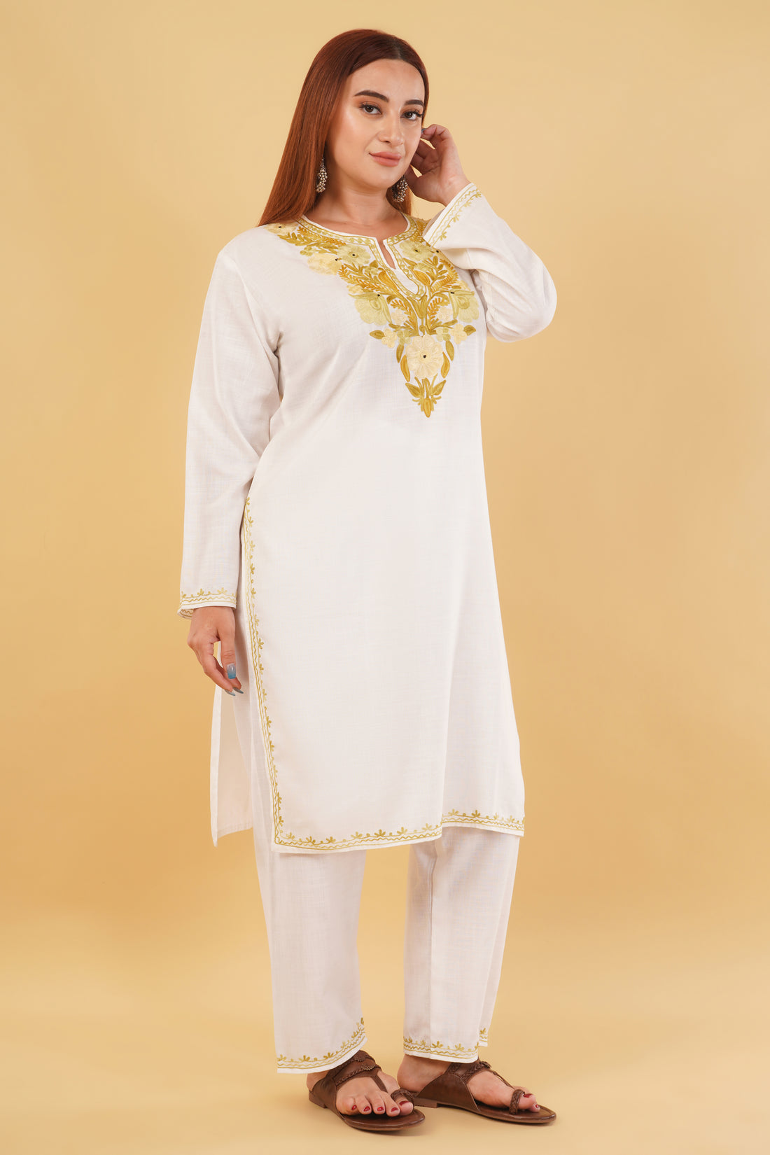 Kashmiri Aari embroidery Cotton Co-ord set Size-44 (White)