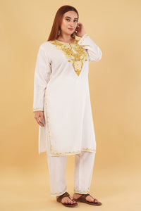 Kashmiri Aari embroidery Cotton Co-ord set Size-44 (White)