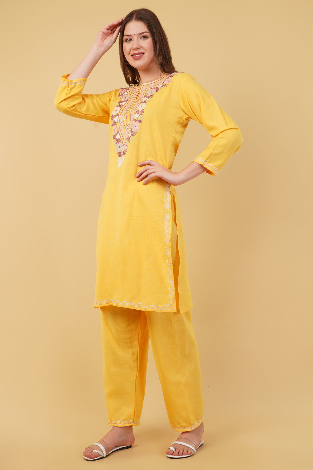 Kashmiri Aari embroidery Cotton Co-ord set Size-40 (Yellow)