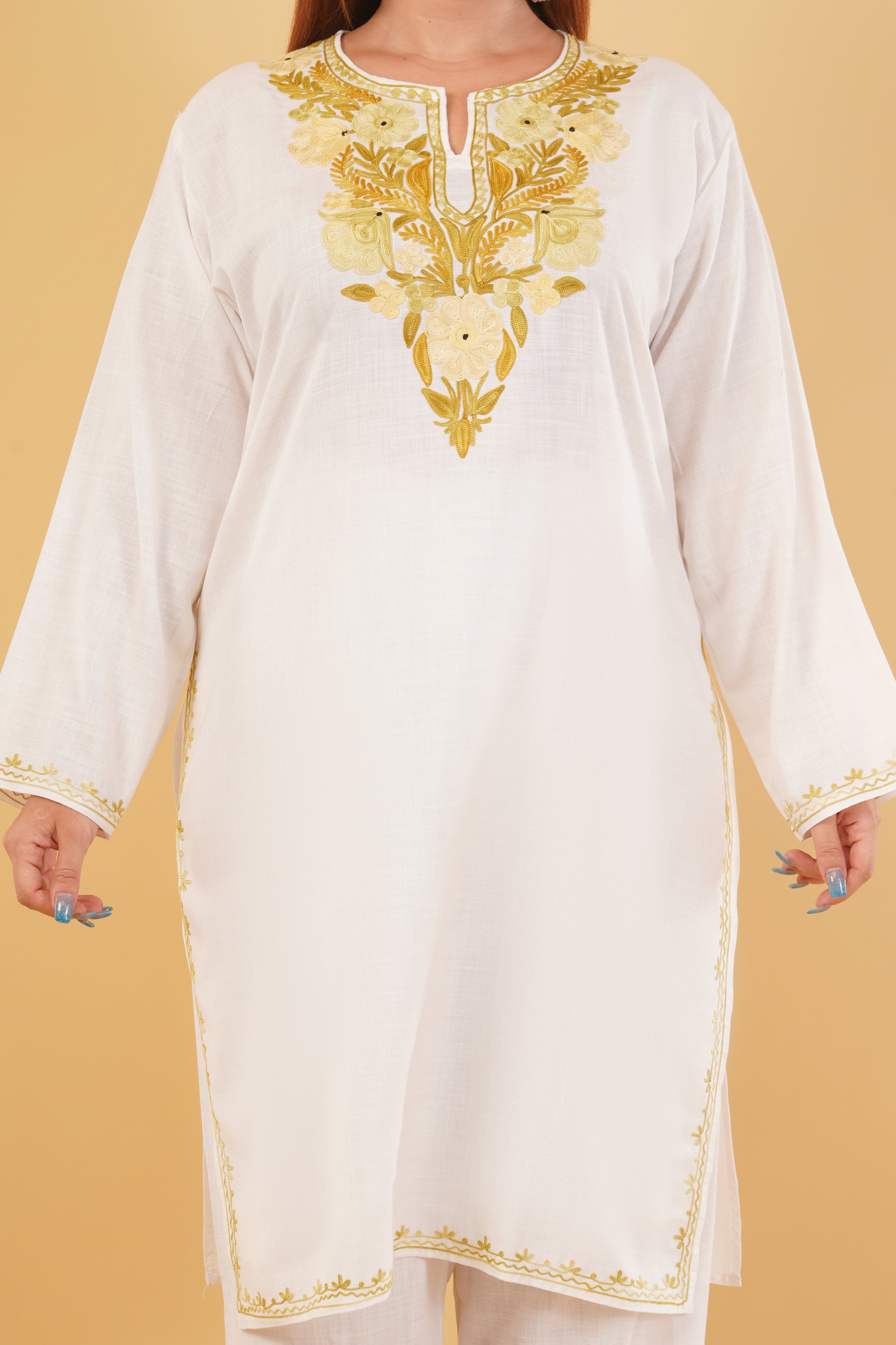 Kashmiri Aari embroidery Cotton Co-ord set Size-44 (White)