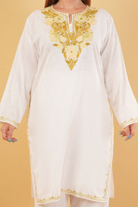Kashmiri Aari embroidery Cotton Co-ord set Size-44 (White)