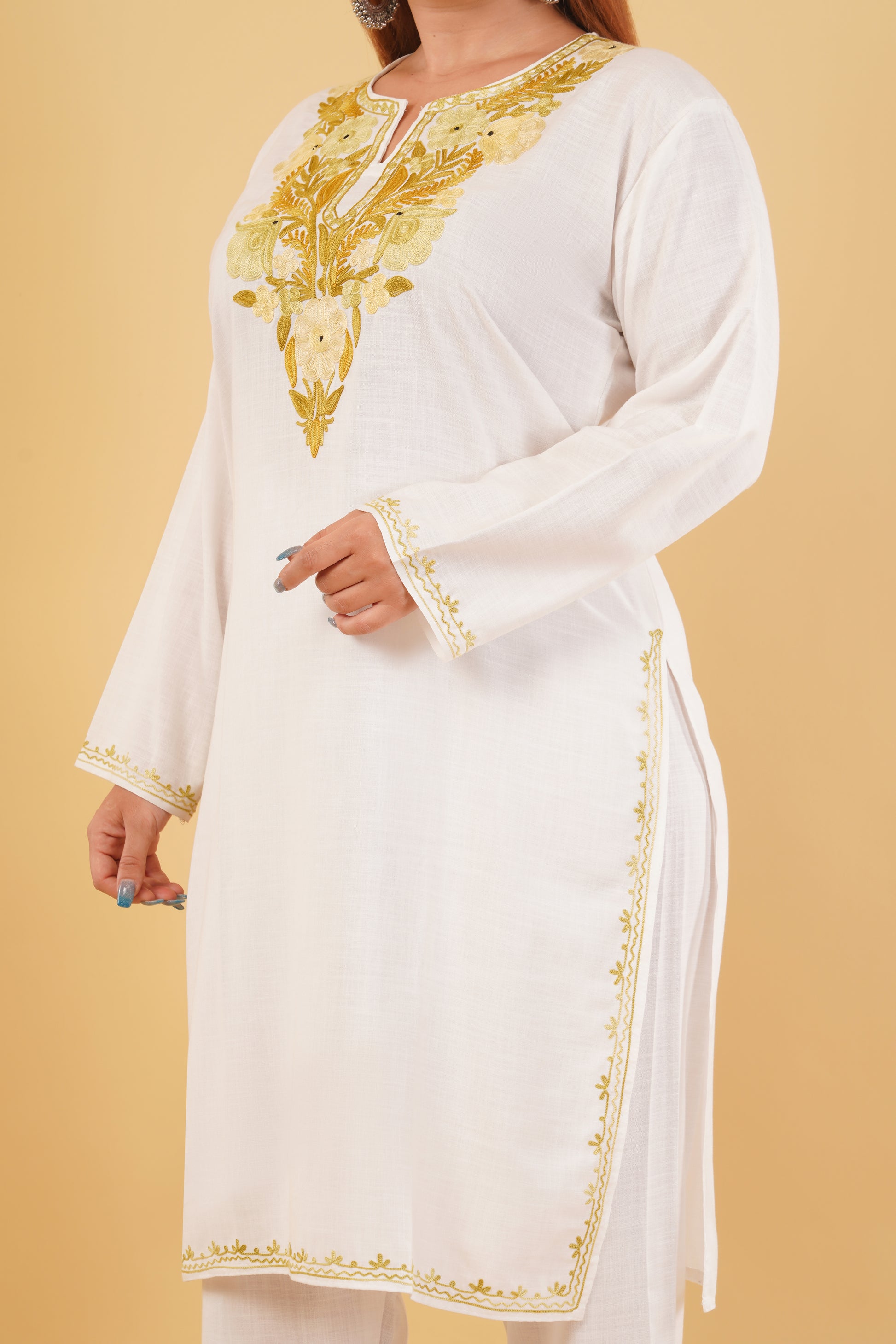 Kashmiri Aari embroidery Cotton Co-ord set Size-44 (White)
