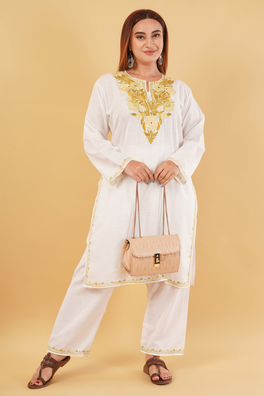 Kashmiri Aari embroidery Cotton Co-ord set Size-44 (White)