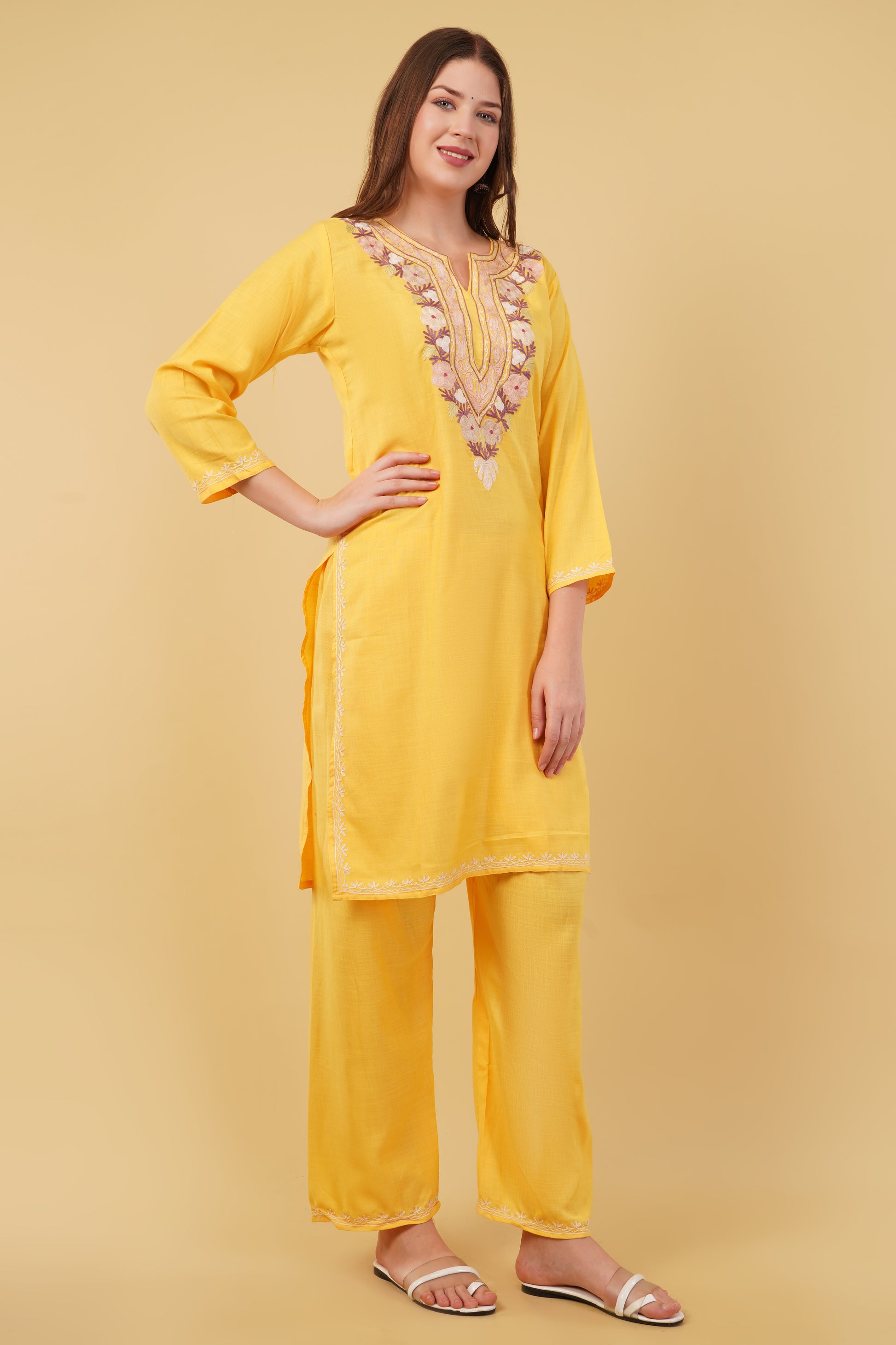 Kashmiri Aari embroidery Cotton Co-ord set Size-40 (Yellow)