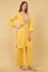 Kashmiri Aari embroidery Cotton Co-ord set Size-40 (Yellow)