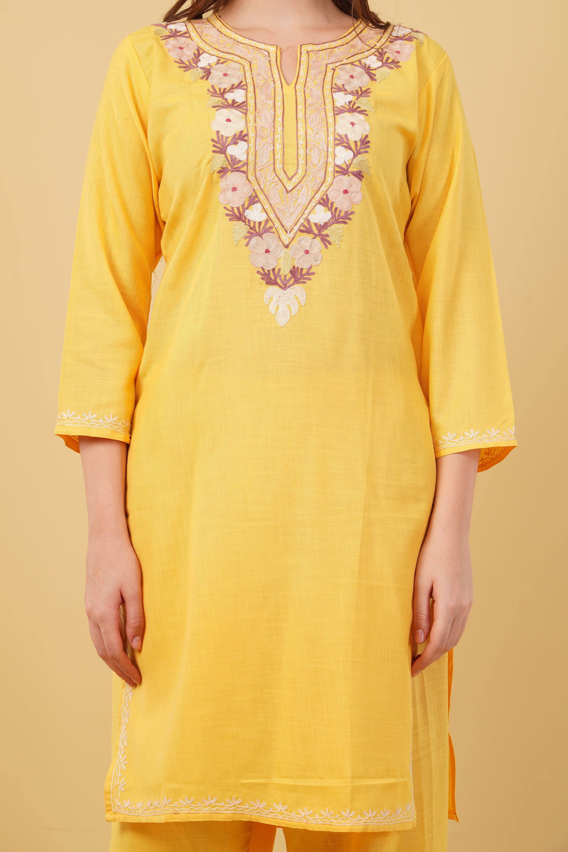 Kashmiri Aari embroidery Cotton Co-ord set Size-40 (Yellow)