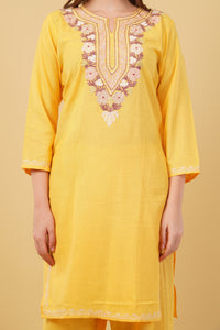 Kashmiri Aari embroidery Cotton Co-ord set Size-40 (Yellow)