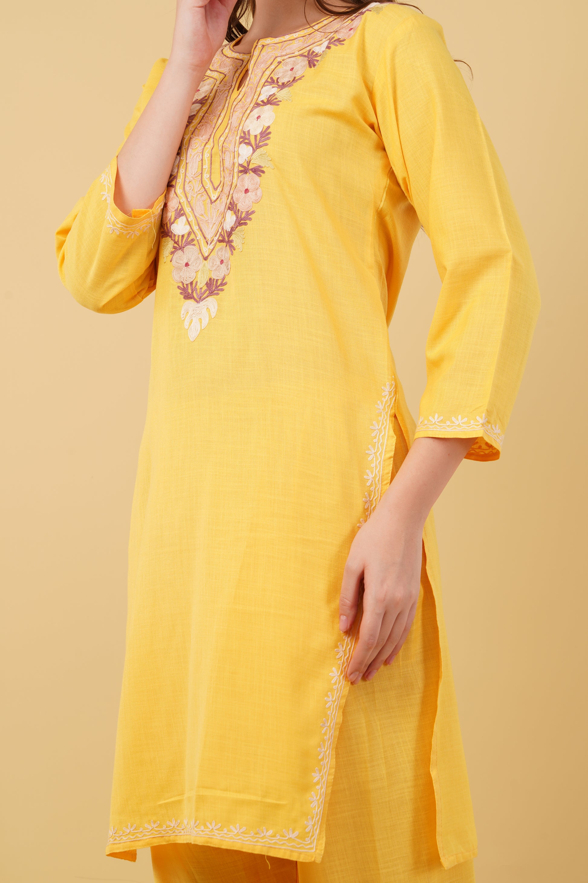 Kashmiri Aari embroidery Cotton Co-ord set Size-40 (Yellow)