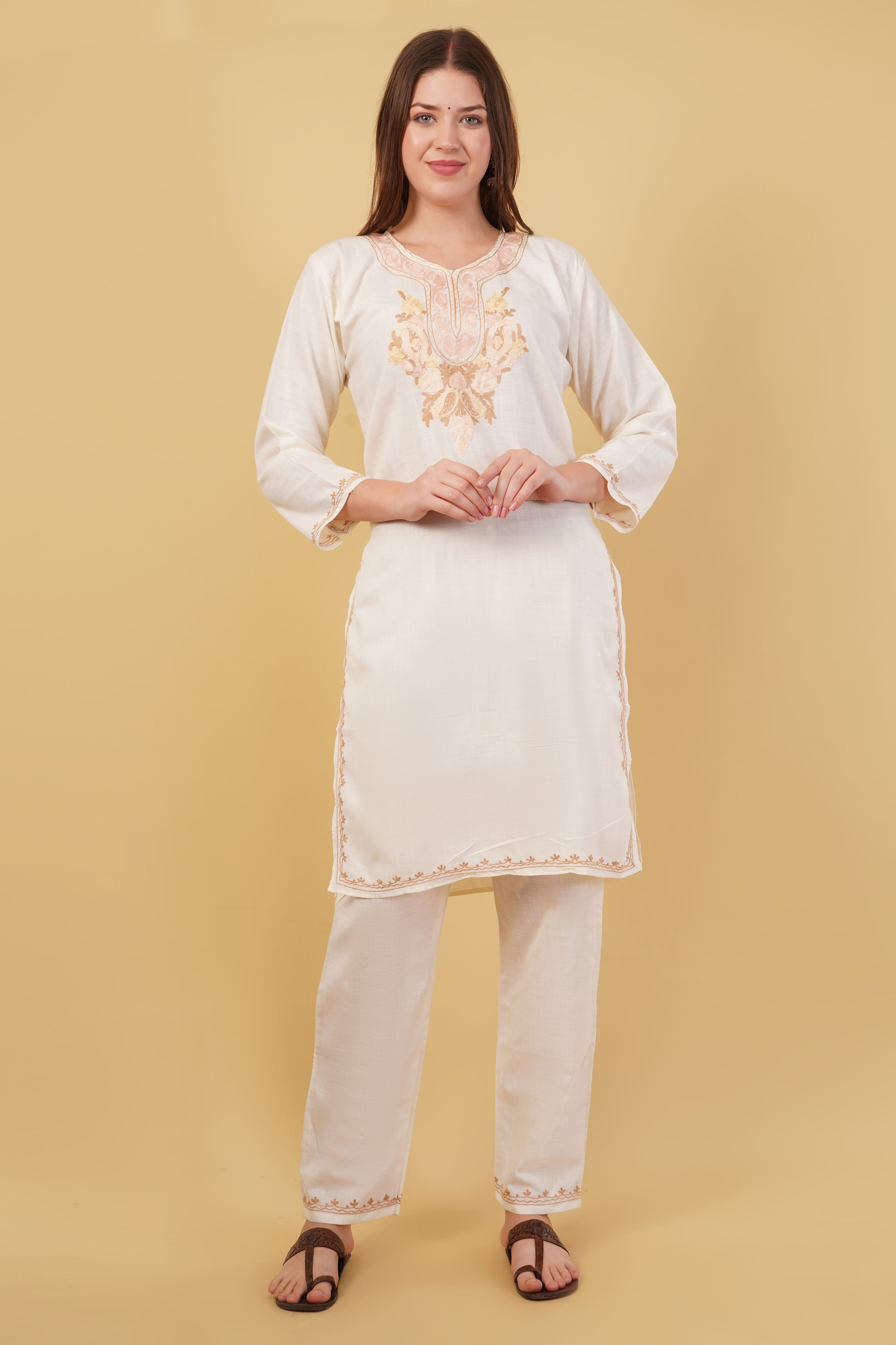 Kashmiri Aari embroidery Cotton Co-ord set Size-40 (White)