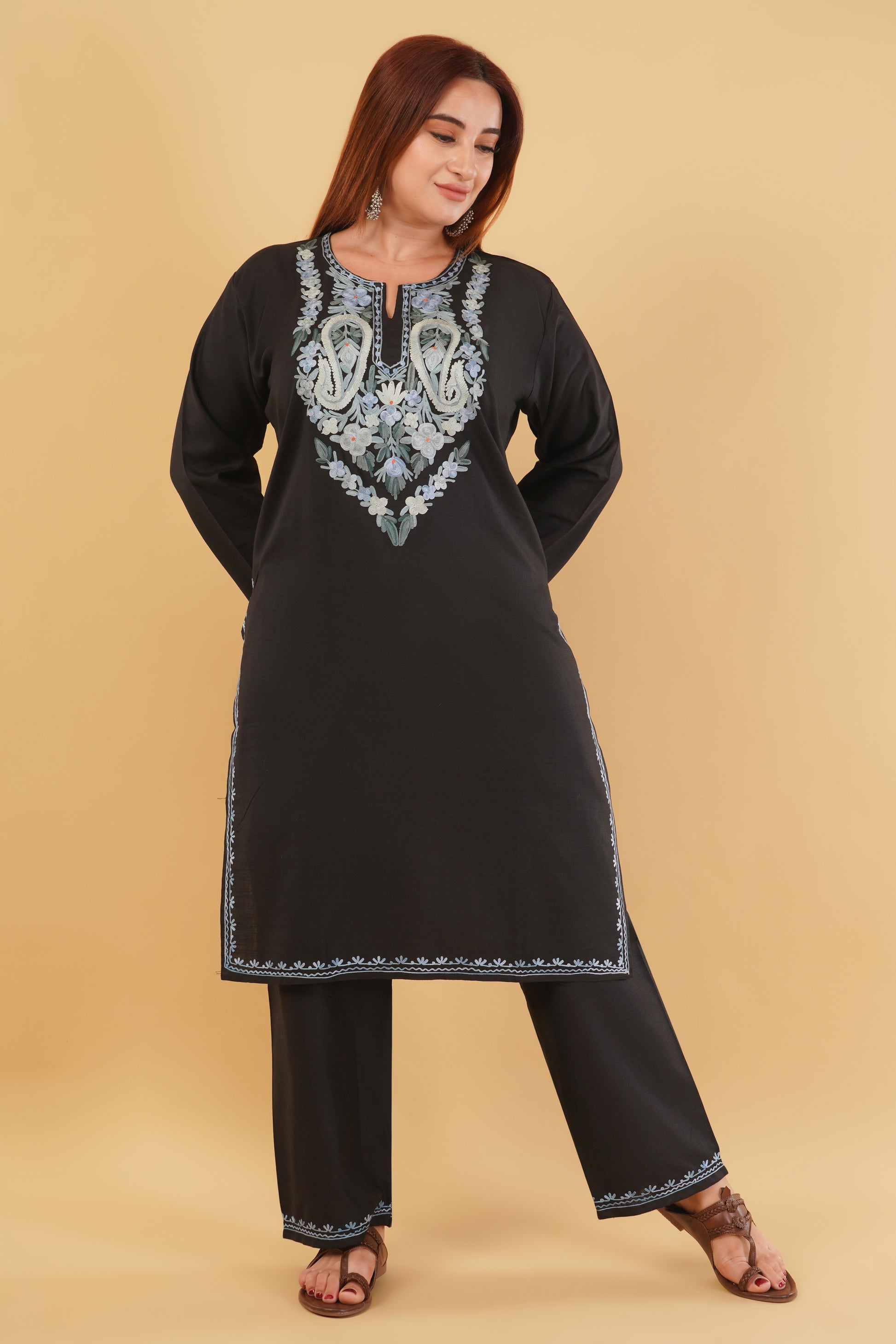 Kashmiri Aari embroidery Cotton Co-ord set Size-44 (Black)