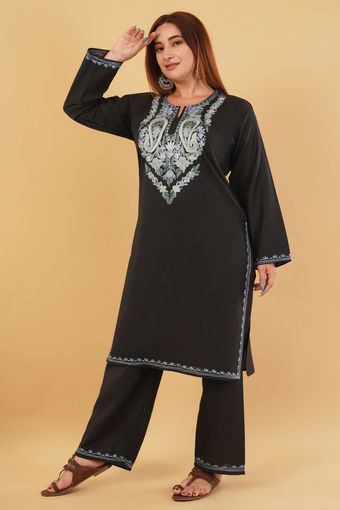Kashmiri Aari embroidery Cotton Co-ord set Size-44 (Black)