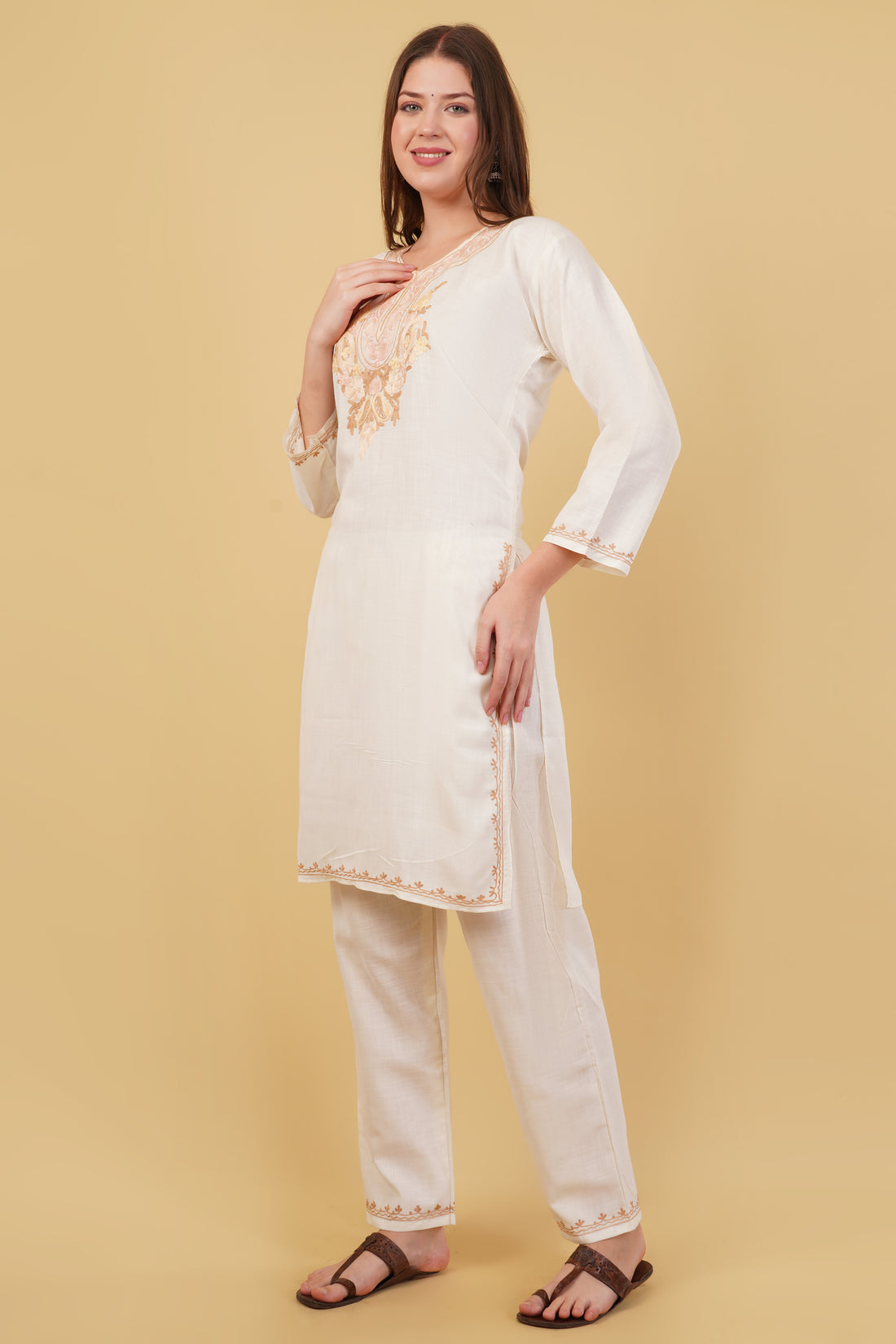 Kashmiri Aari embroidery Cotton Co-ord set Size-40 (White)