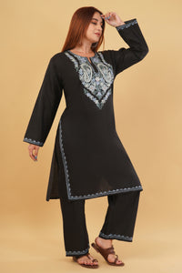 Kashmiri Aari embroidery Cotton Co-ord set Size-44 (Black)