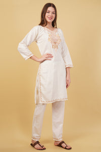 Kashmiri Aari embroidery Cotton Co-ord set Size-40 (White)