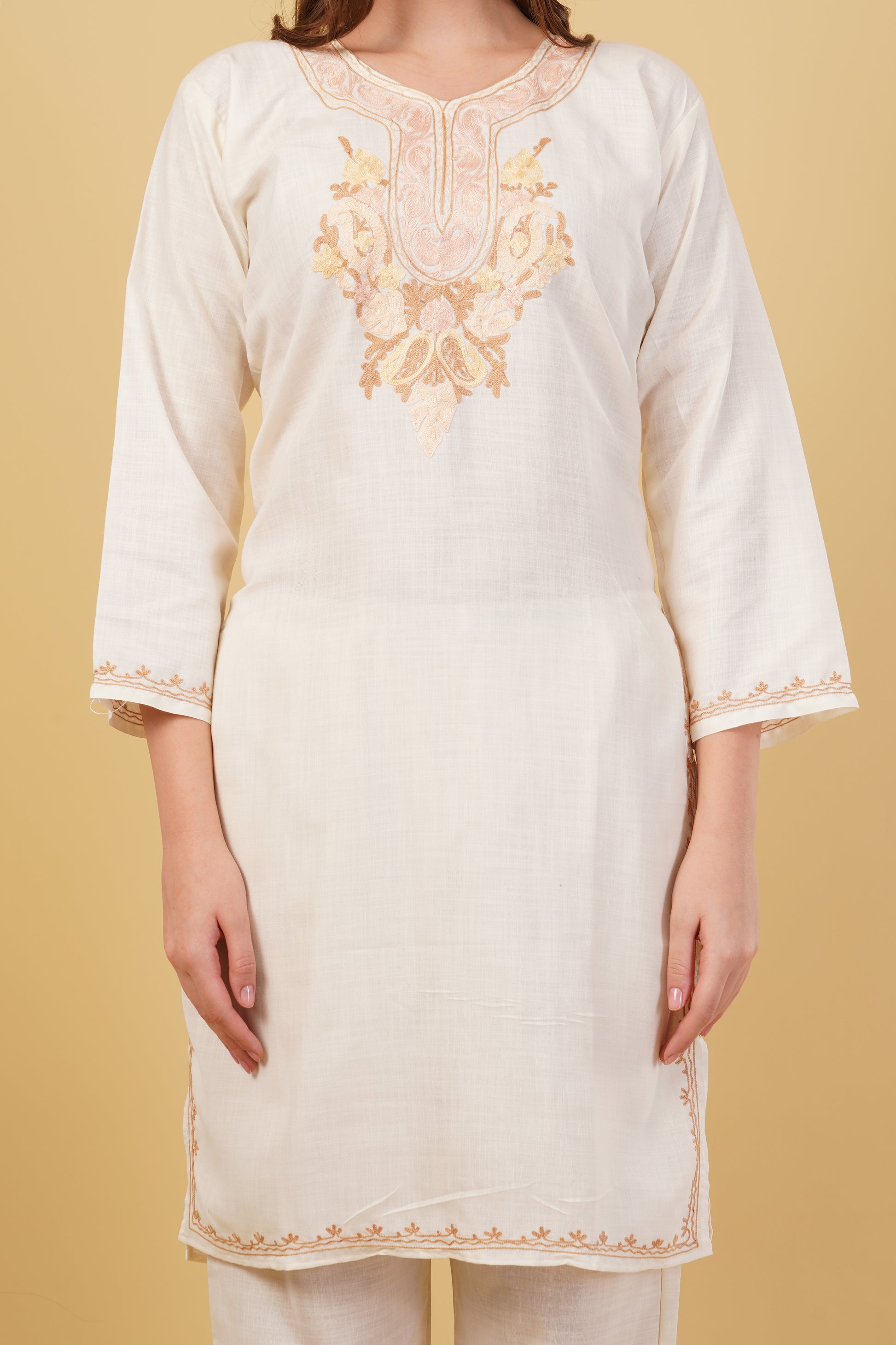 Kashmiri Aari embroidery Cotton Co-ord set Size-40 (White)