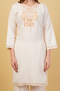 Kashmiri Aari embroidery Cotton Co-ord set Size-40 (White)