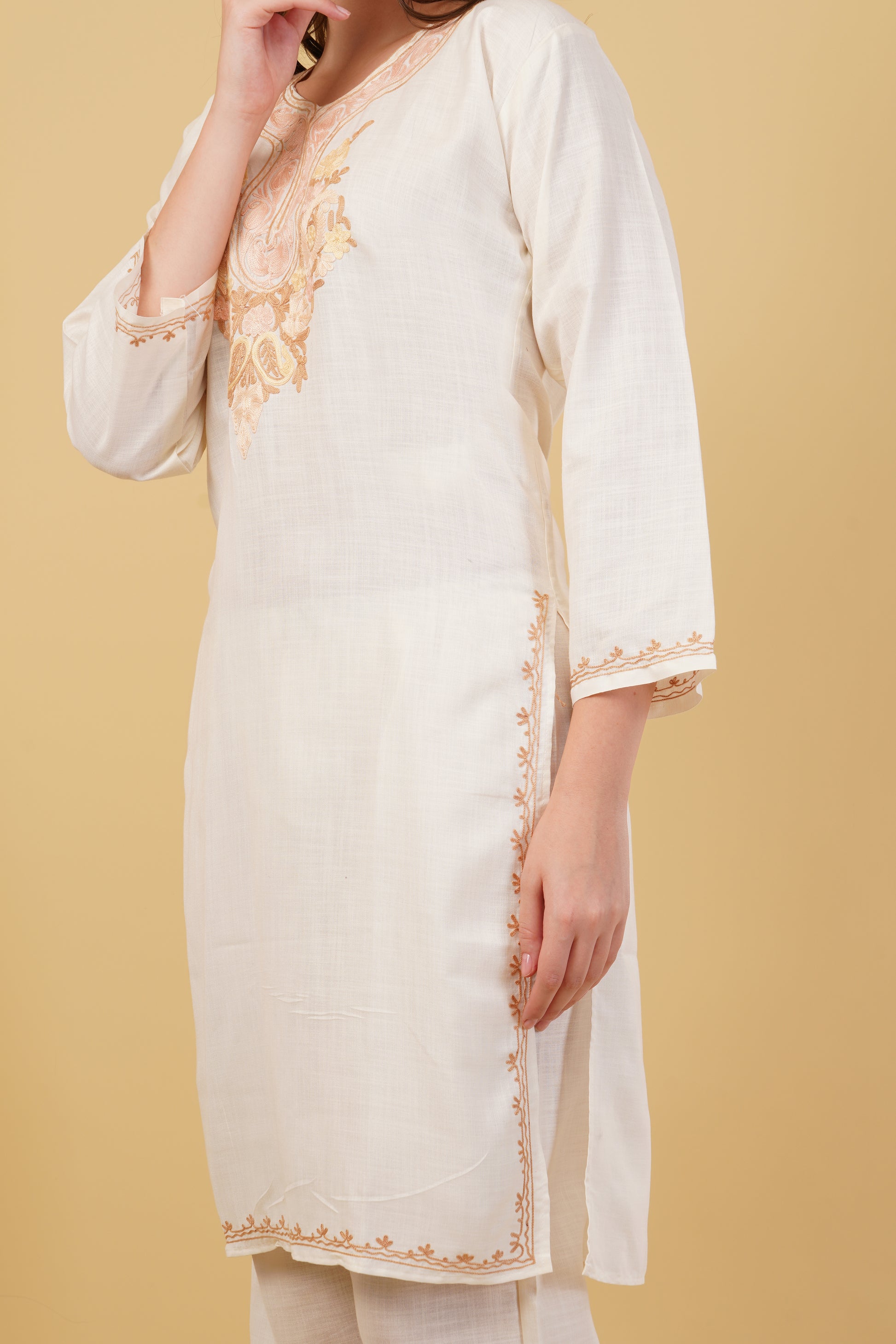 Kashmiri Aari embroidery Cotton Co-ord set Size-40 (White)