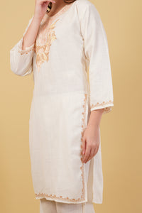 Kashmiri Aari embroidery Cotton Co-ord set Size-40 (White)
