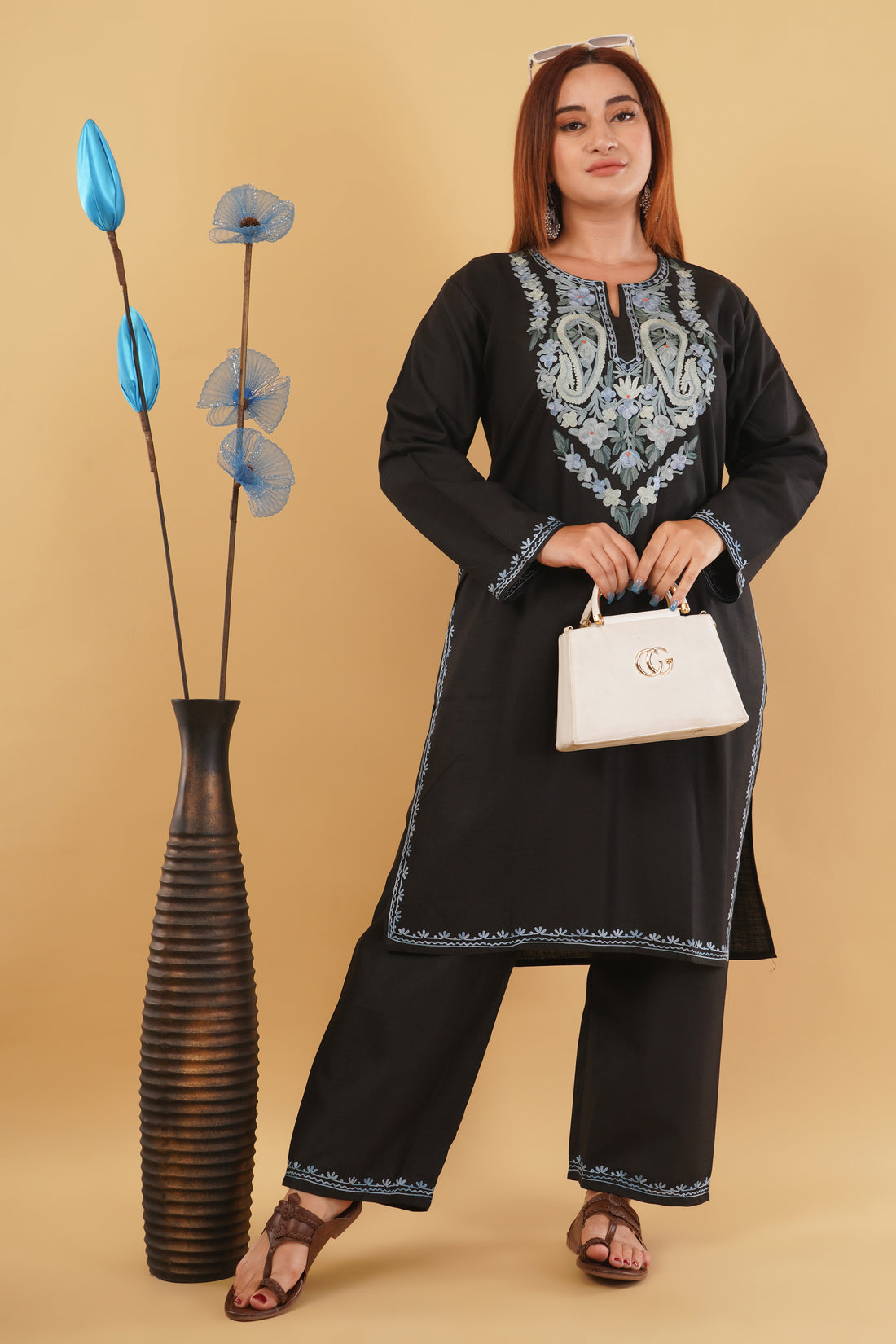 Kashmiri Aari embroidery Cotton Co-ord set Size-44 (Black)