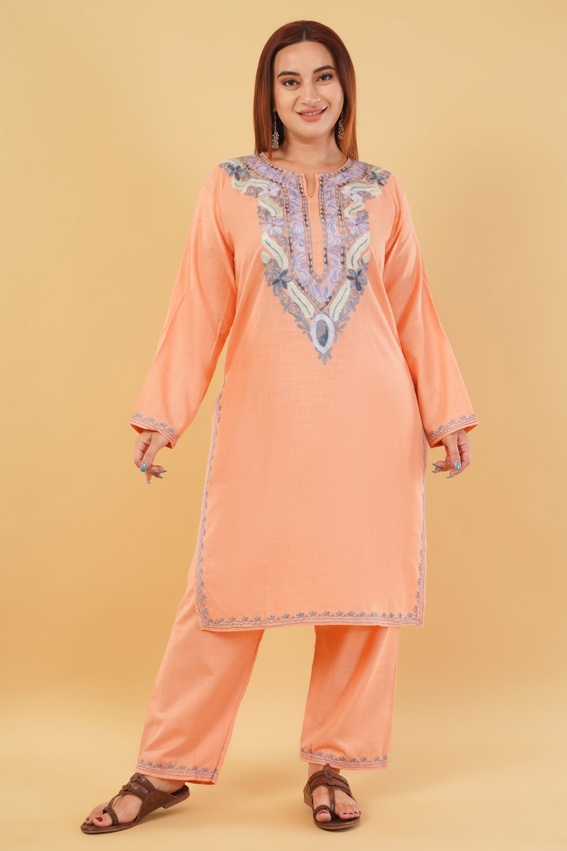 Kashmiri Aari embroidery Cotton Co-ord set Size-44 (Peach)