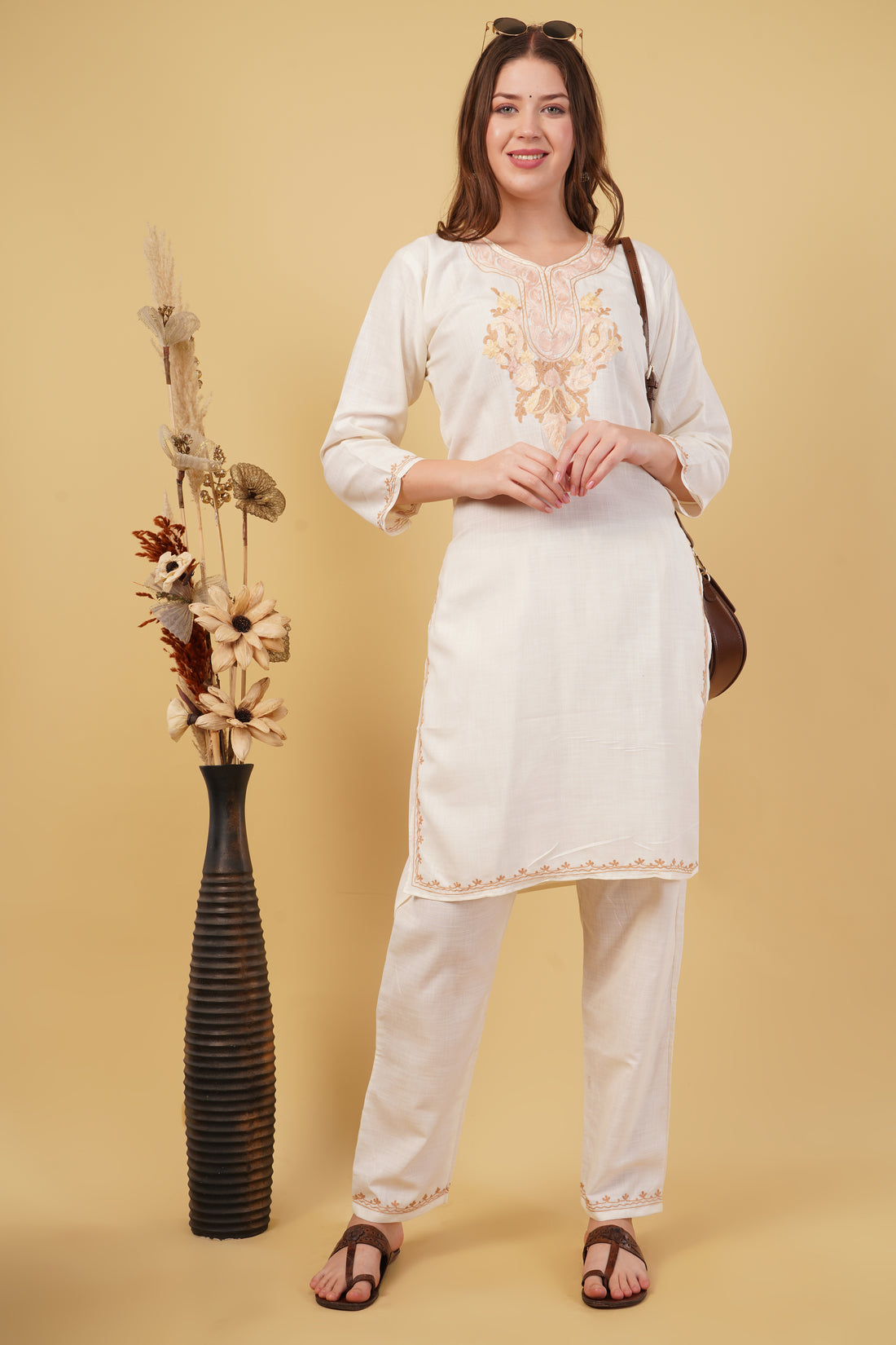 Kashmiri Aari embroidery Cotton Co-ord set Size-40 (White)