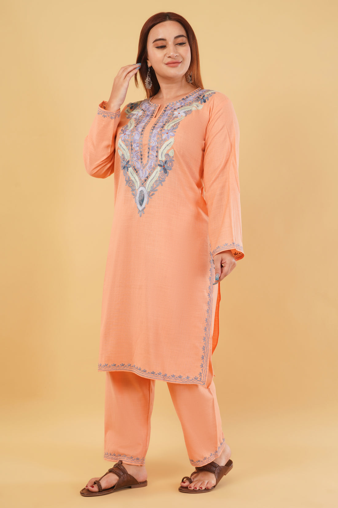 Kashmiri Aari embroidery Cotton Co-ord set Size-44 (Peach)