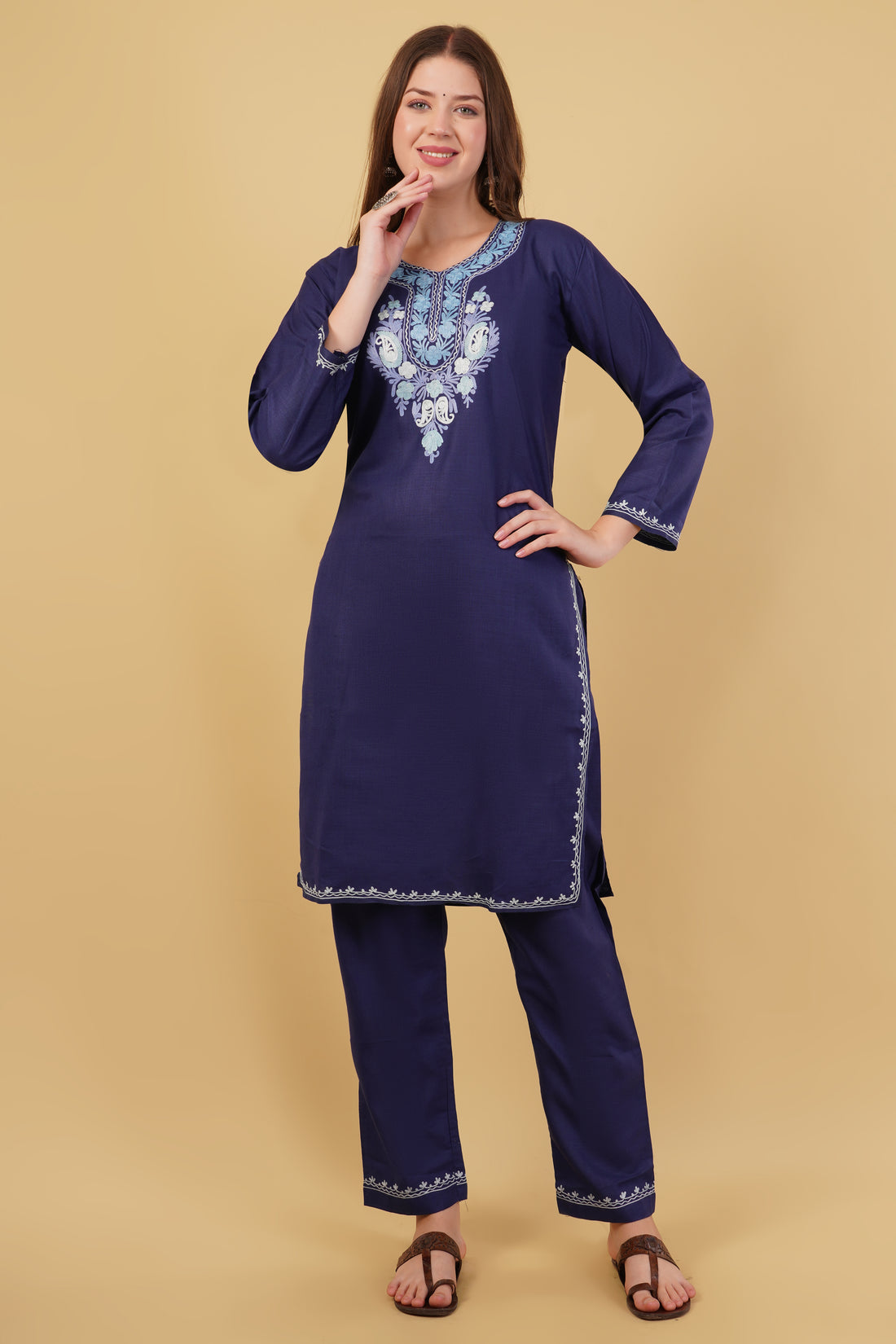 Kashmiri Aari embroidery Cotton Co-ord set Size-40 (Navy Blue)