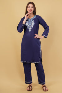 Kashmiri Aari embroidery Cotton Co-ord set Size-40 (Navy Blue)