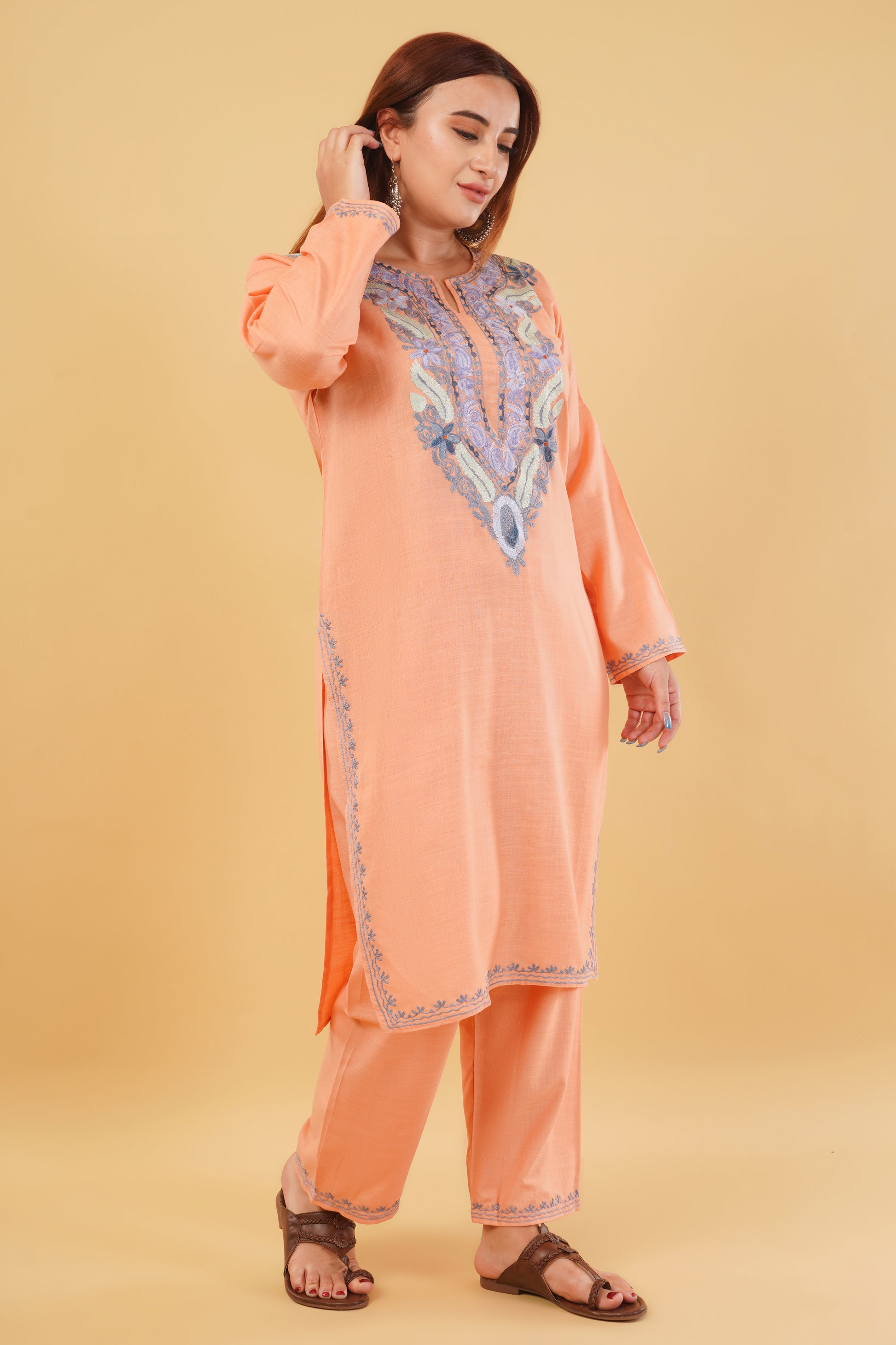Kashmiri Aari embroidery Cotton Co-ord set Size-44 (Peach)