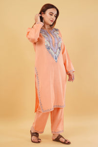 Kashmiri Aari embroidery Cotton Co-ord set Size-44 (Peach)