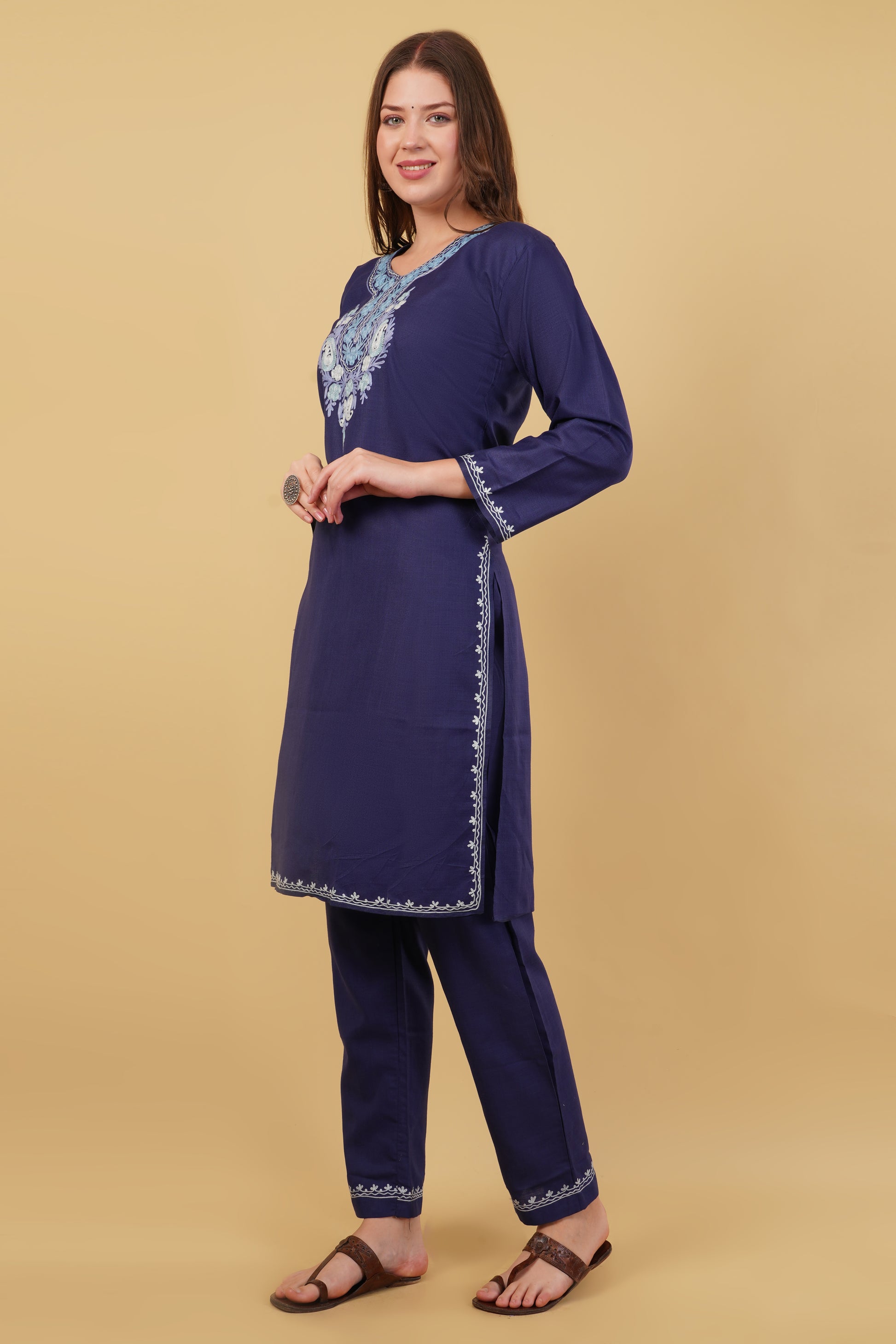 Kashmiri Aari embroidery Cotton Co-ord set Size-40 (Navy Blue)