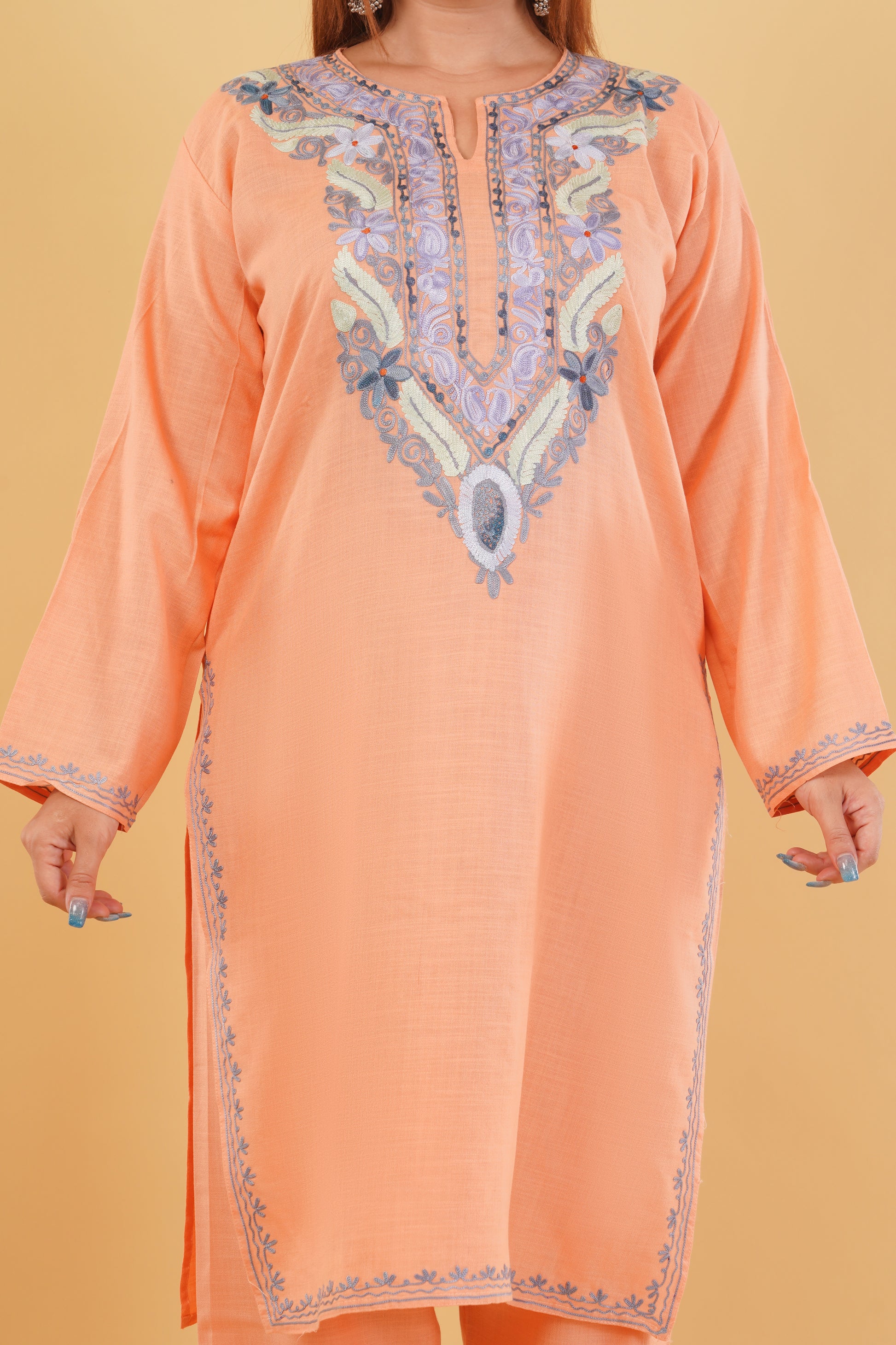Kashmiri Aari embroidery Cotton Co-ord set Size-44 (Peach)