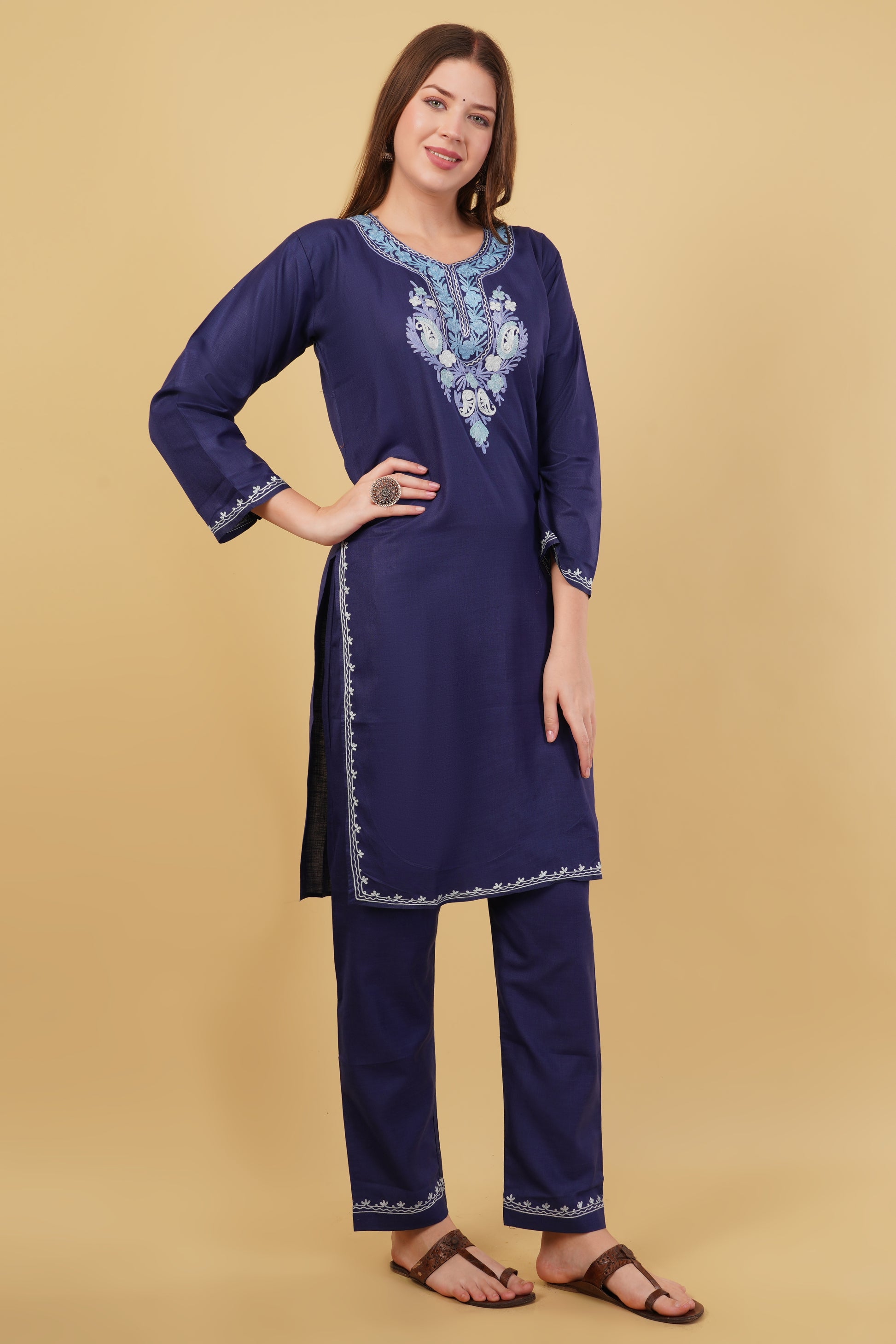 Kashmiri Aari embroidery Cotton Co-ord set Size-40 (Navy Blue)
