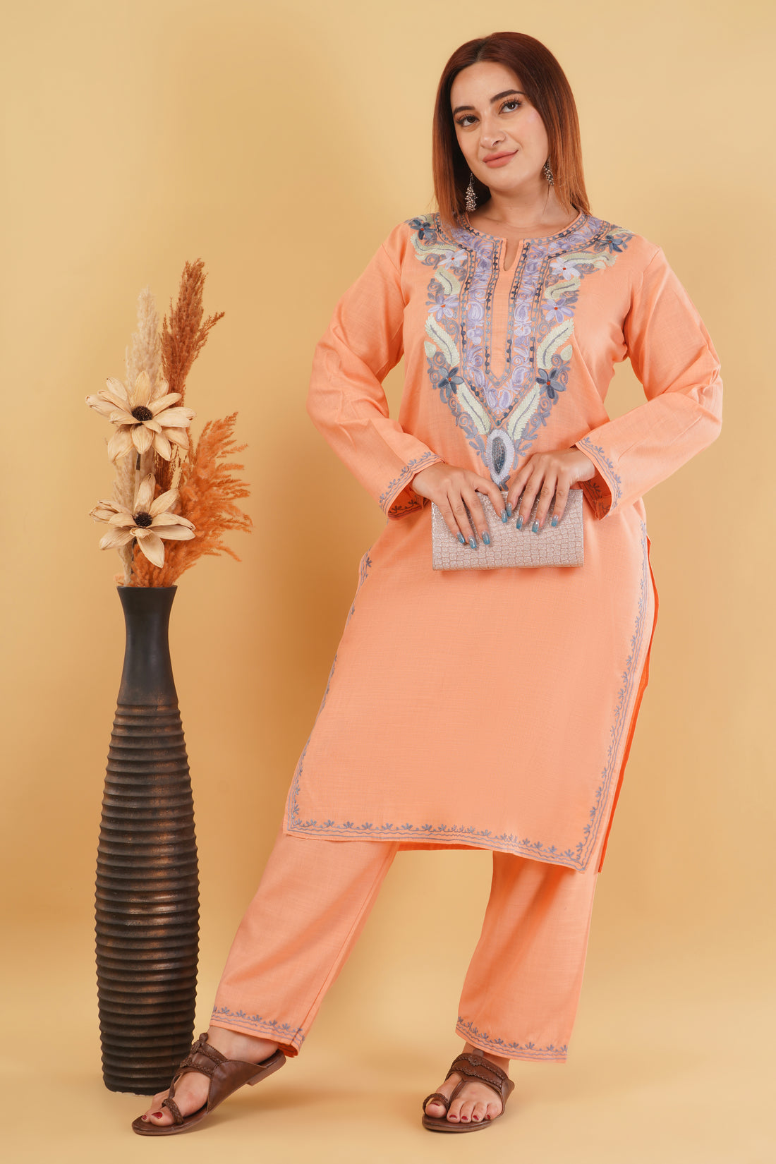 Kashmiri Aari embroidery Cotton Co-ord set Size-44 (Peach)