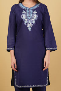 Kashmiri Aari embroidery Cotton Co-ord set Size-40 (Navy Blue)