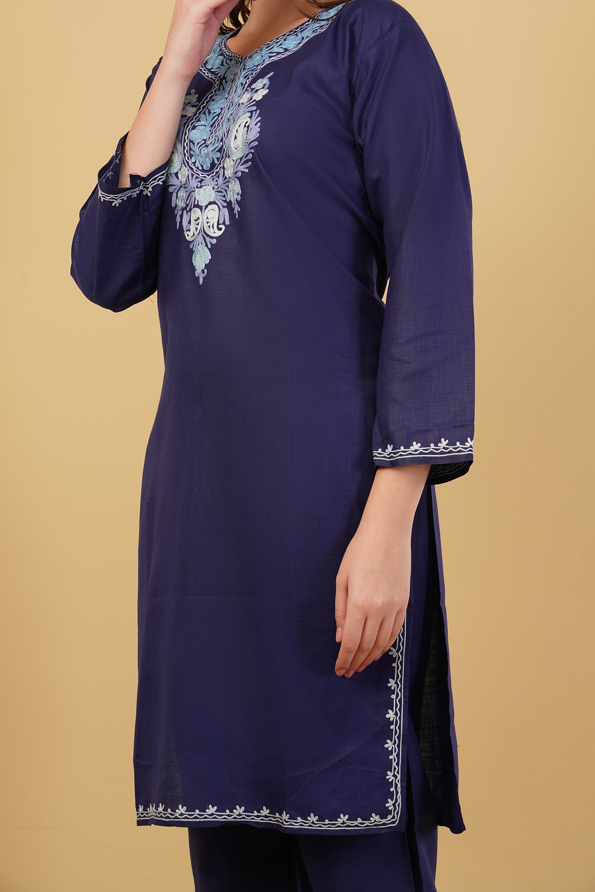 Kashmiri Aari embroidery Cotton Co-ord set Size-40 (Navy Blue)
